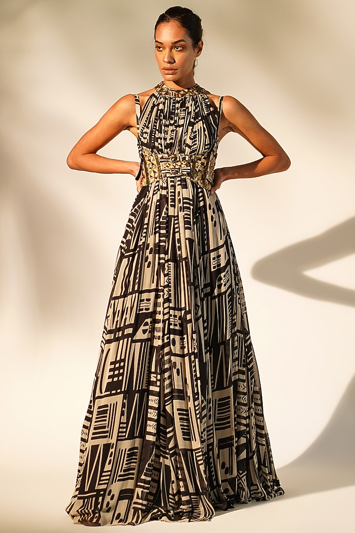 Black & White Pure Georgette Printed Maxi Party Wear Dress by Nikita Mhaisalkar at Pernia's Pop Up Shop