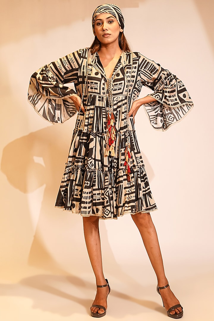 Black & White Mul Silk Abstract Printed Vacation Dress by Nikita Mhaisalkar at Pernia's Pop Up Shop