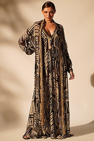 Black & White Pure Georgette Printed Jacket Dress by Nikita Mhaisalkar