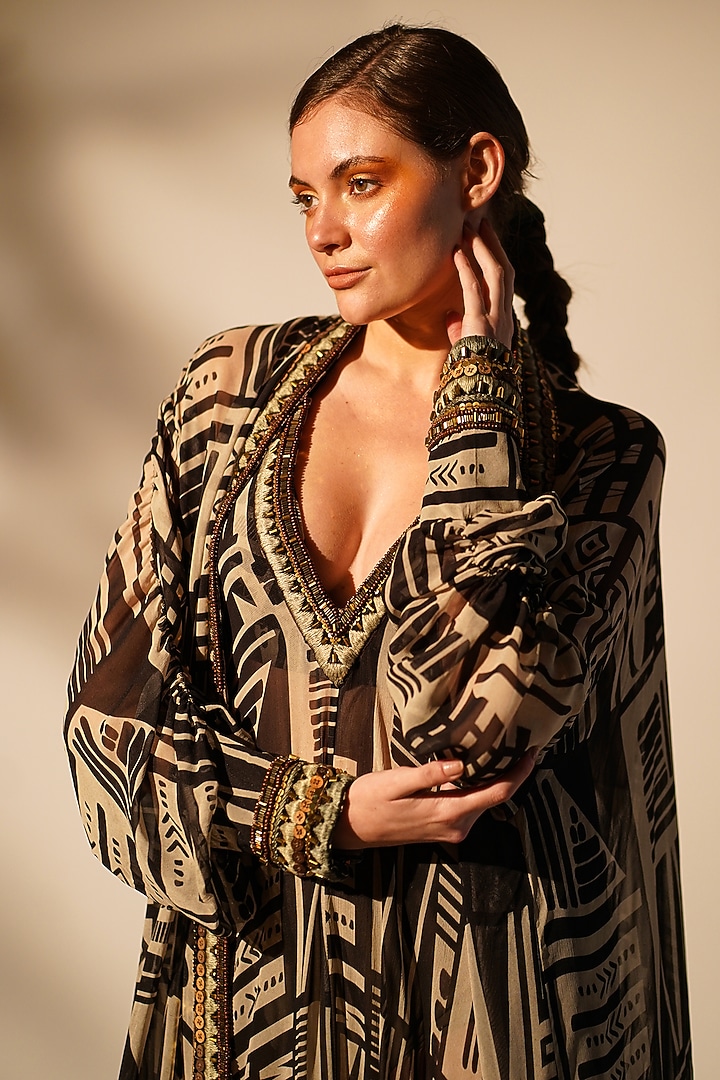 Black & White Pure Georgette Printed Jacket Party Wear Dress by Nikita Mhaisalkar at Pernia's Pop Up Shop