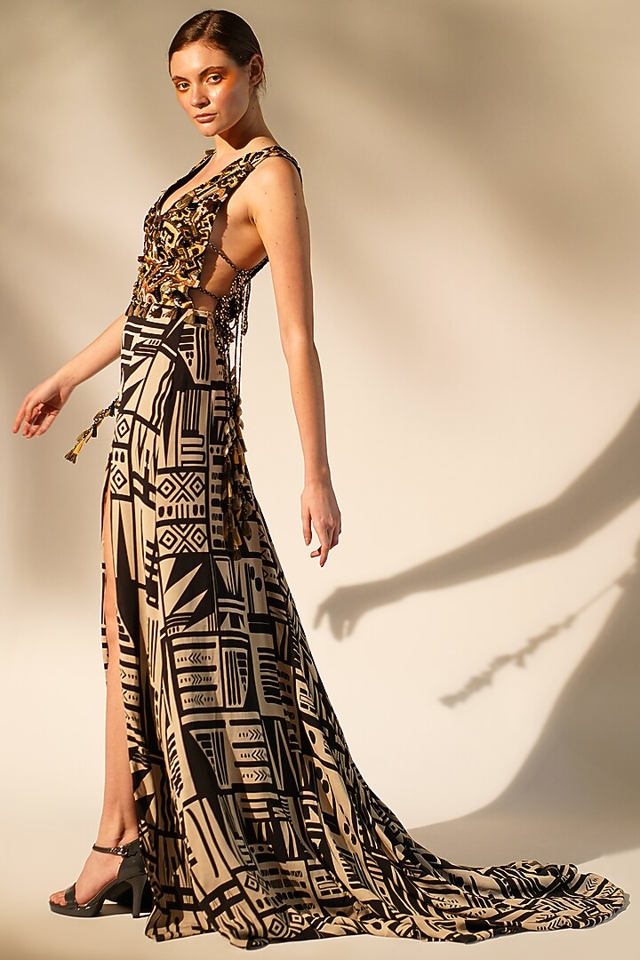 Black & White Double Georgette Printed Party Wear Dress by Nikita Mhaisalkar at Pernia's Pop Up Shop