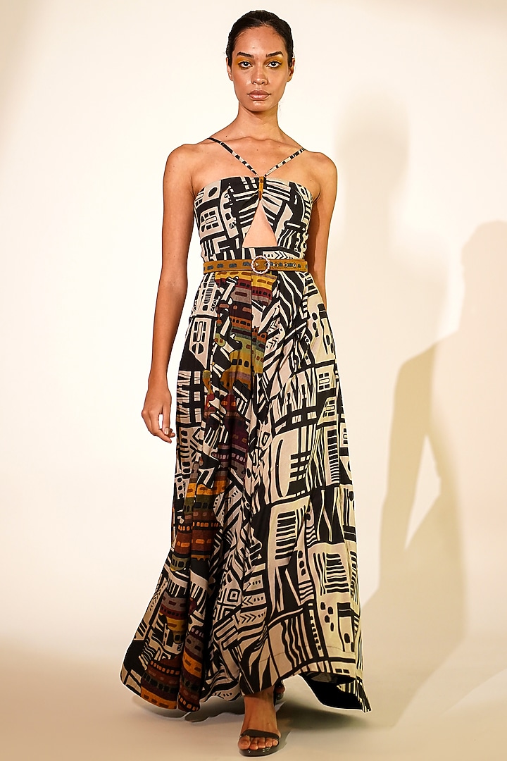 Black & White Mul Silk Abstract Printed Party Wear Dress by Nikita Mhaisalkar at Pernia's Pop Up Shop
