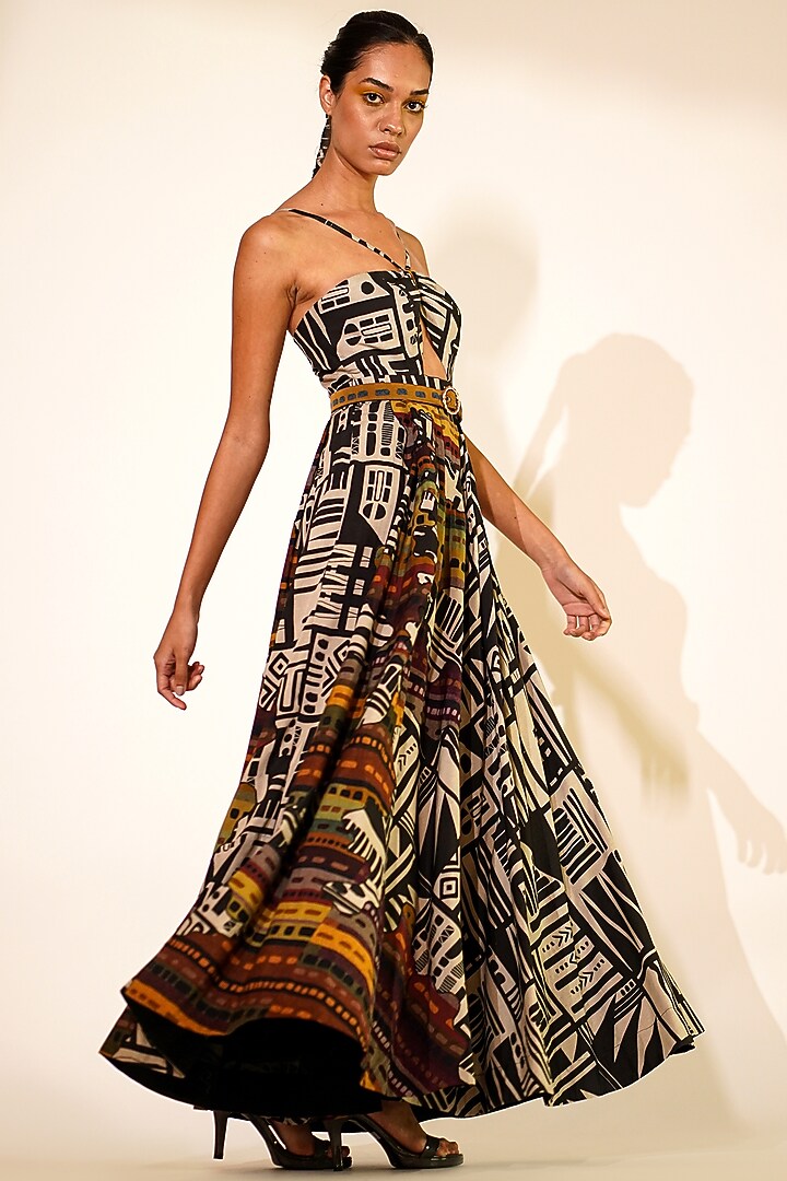 Black & White Mul Silk Abstract Printed Party Wear Dress by Nikita Mhaisalkar at Pernia's Pop Up Shop