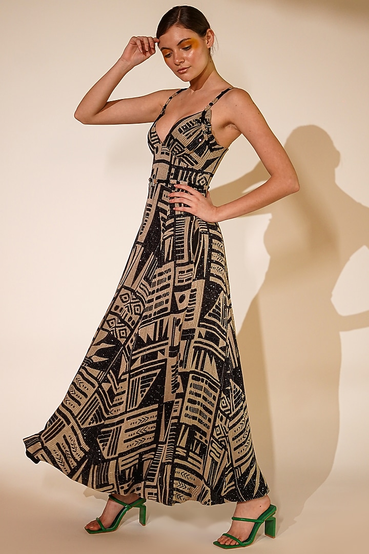Black & White Sequins Pure Georgette Printed Party Wear Dress by Nikita Mhaisalkar at Pernia's Pop Up Shop