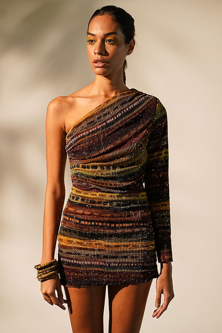 Multi-Colored Sequins Pure Georgette Printed Mini Cocktail Dress by Nikita Mhaisalkar at Pernia's Pop Up Shop