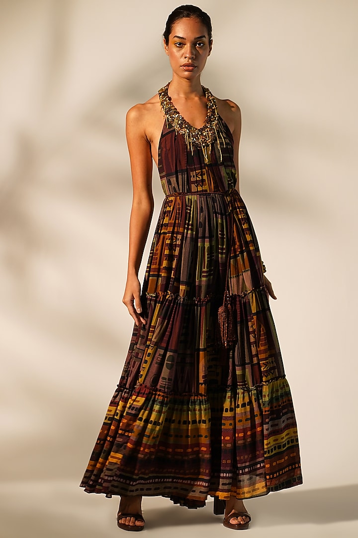 Multi-Colored Mul Silk Printed Maxi Dress by Nikita Mhaisalkar at Pernia's Pop Up Shop