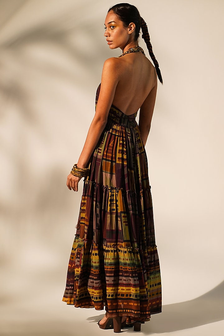 Multi-Colored Mul Silk Printed Maxi Party Wear Dress by Nikita Mhaisalkar at Pernia's Pop Up Shop