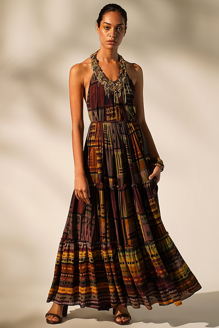 Multi-Colored Mul Silk Printed Maxi Party Wear Dress by Nikita Mhaisalkar at Pernia's Pop Up Shop