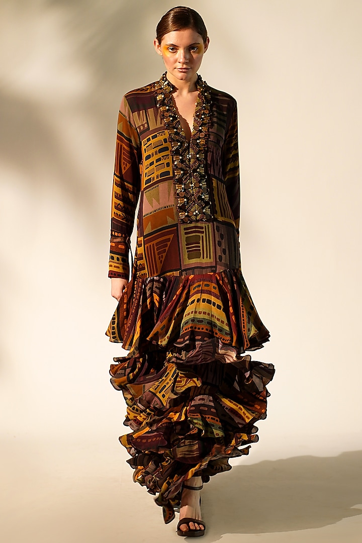 Multi-Colored Double Georgette Printed & Embellished Maxi Dress by Nikita Mhaisalkar at Pernia's Pop Up Shop