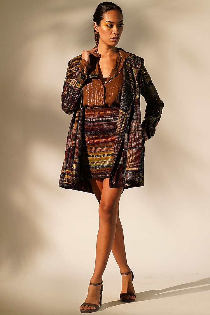 Multi-Colored Sequins Pure Georgette Printed Trench Coat by Nikita Mhaisalkar