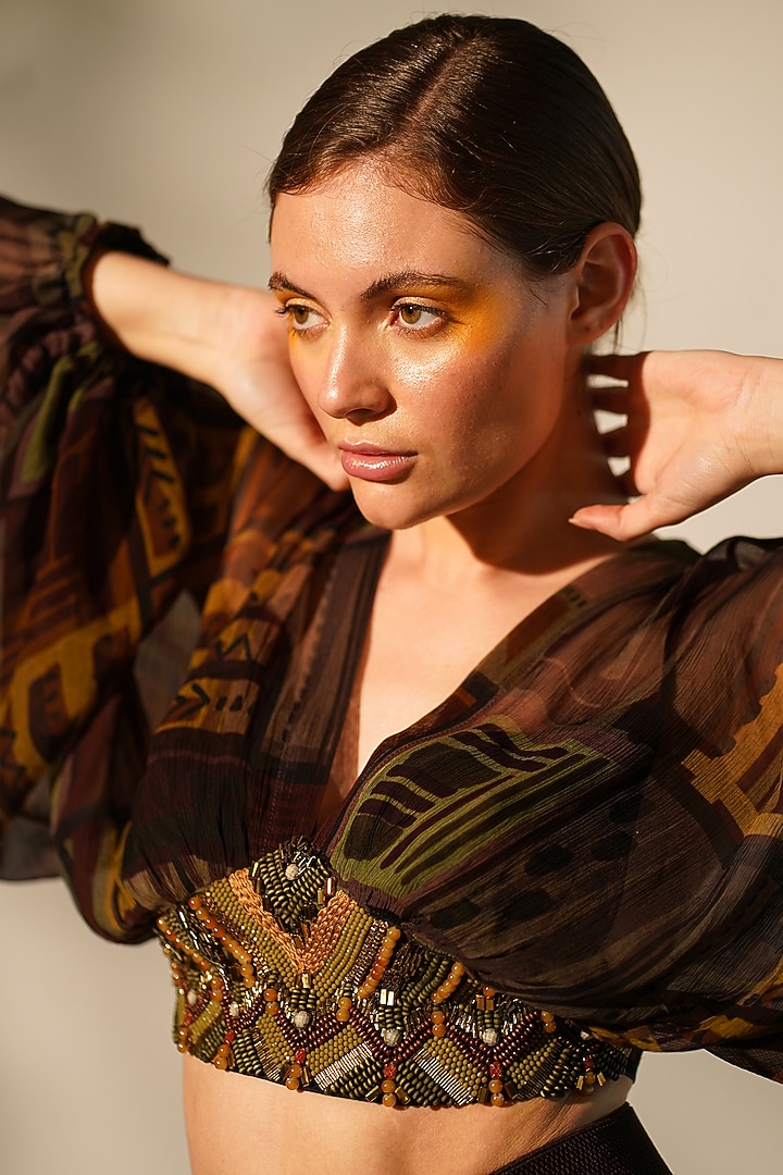 Multi-Colored Crinkled Chiffon Printed & Embellished Top by Nikita Mhaisalkar at Pernia's Pop Up Shop