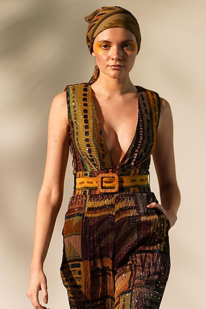 Multi-Colored Sequins Pure Georgette Printed Jumpsuit by Nikita Mhaisalkar at Pernia's Pop Up Shop