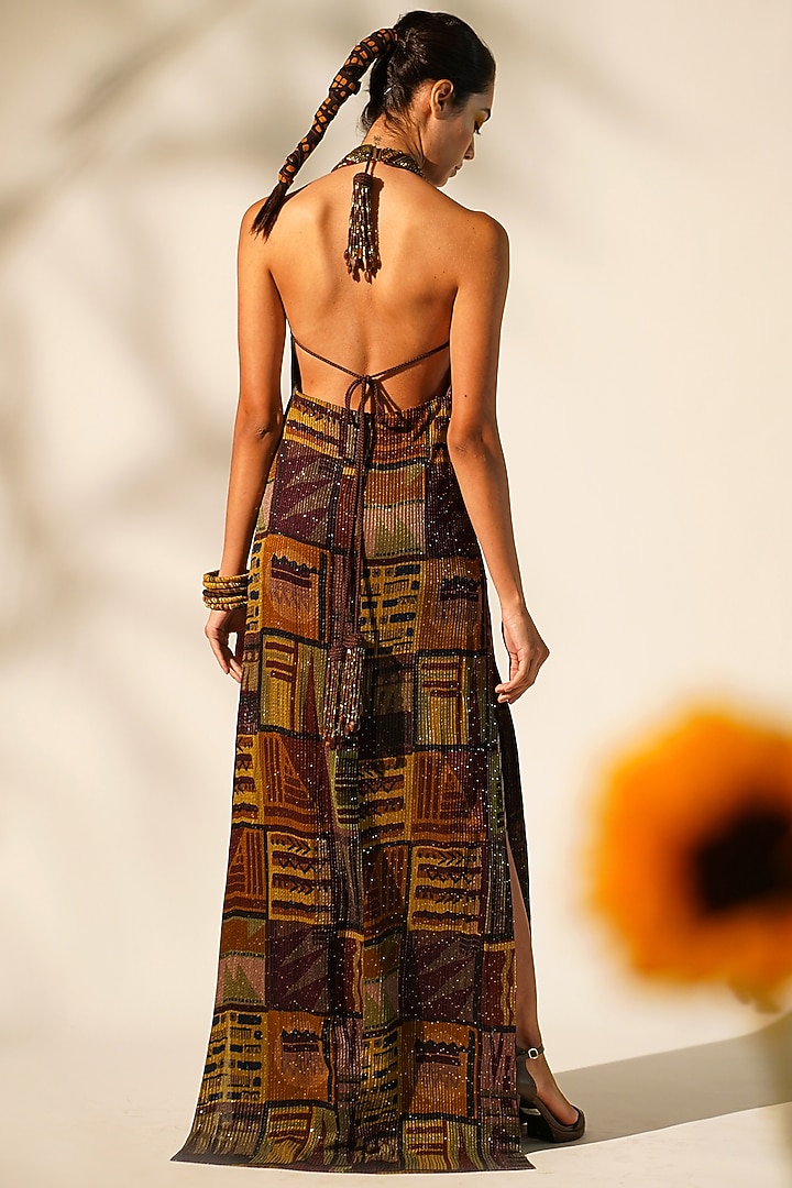 Multi-Colored Sequins Pure Georgette Printed & Embellished Engagement Gown by Nikita Mhaisalkar at Pernia's Pop Up Shop