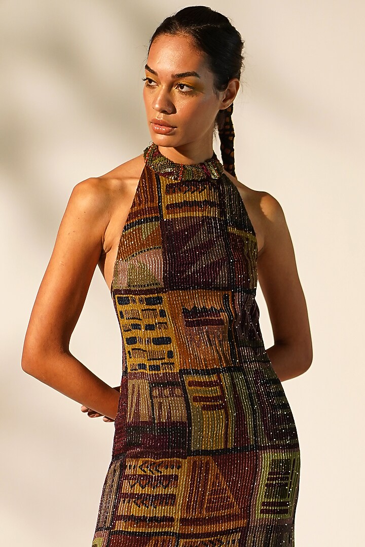 Multi-Colored Sequins Pure Georgette Printed & Embellished Engagement Gown by Nikita Mhaisalkar at Pernia's Pop Up Shop