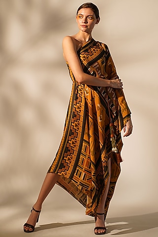Mustard Double Georgette One-Shoulder Dress by Nikita Mhaisalkar