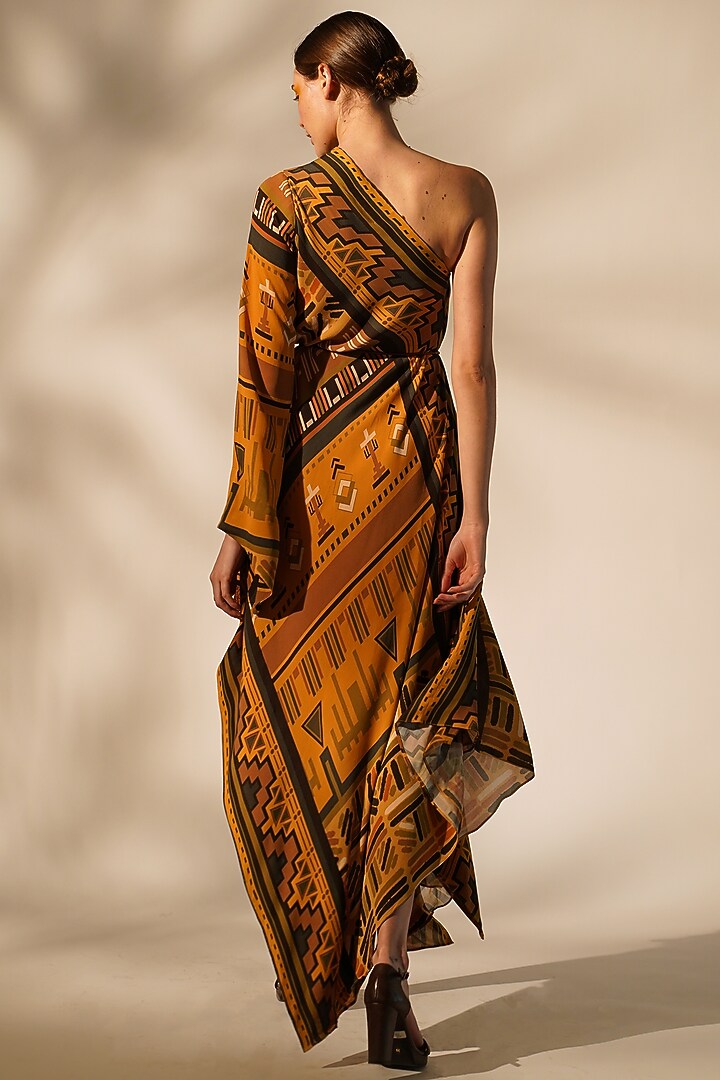 Mustard Double Georgette One-Shoulder Cocktail Dress by Nikita Mhaisalkar at Pernia's Pop Up Shop