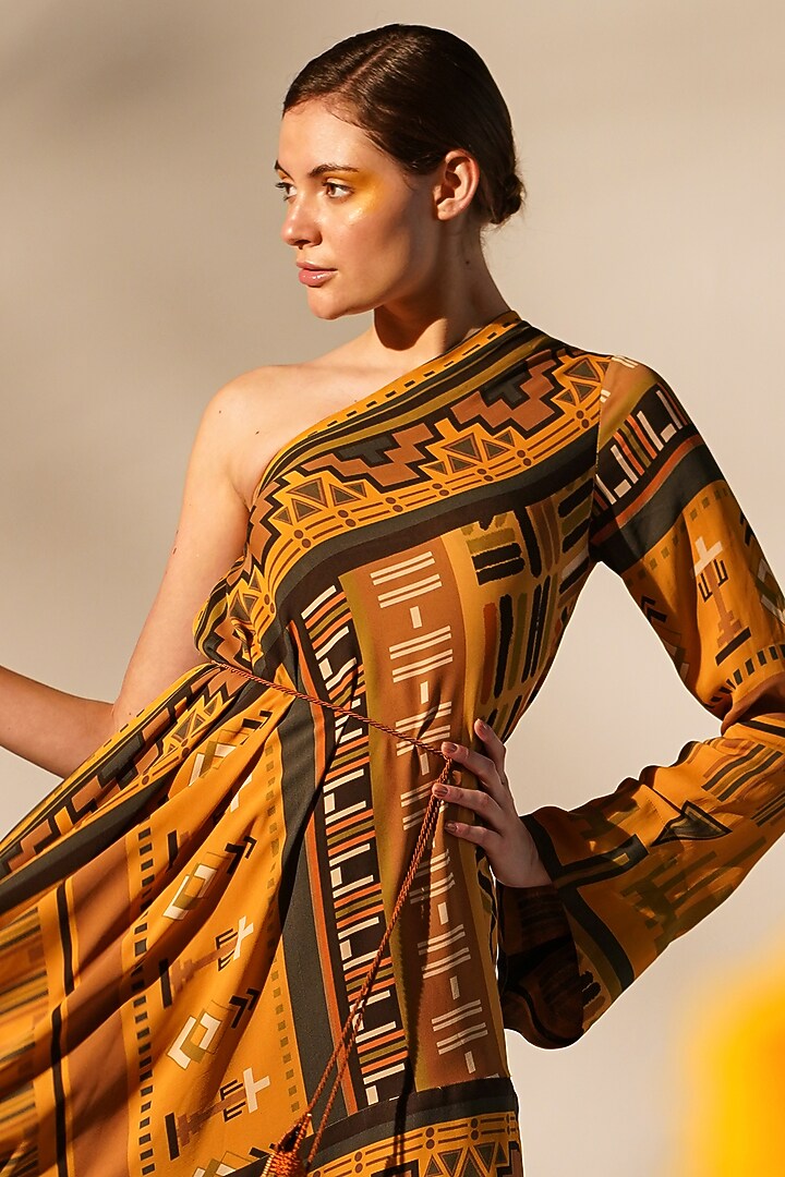 Mustard Double Georgette One-Shoulder Cocktail Dress by Nikita Mhaisalkar at Pernia's Pop Up Shop