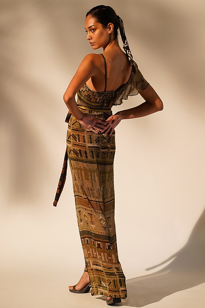 Green Sequins Pure Georgette Printed Draped Party Wear Dress by Nikita Mhaisalkar at Pernia's Pop Up Shop