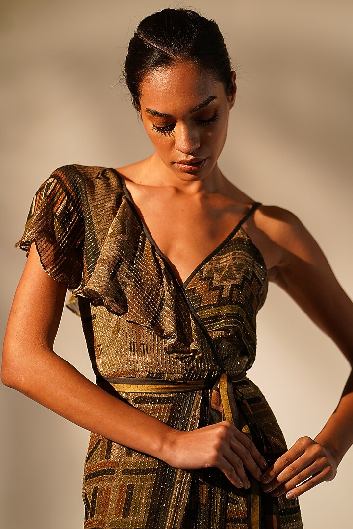 Green Sequins Pure Georgette Printed Draped Party Wear Dress by Nikita Mhaisalkar at Pernia's Pop Up Shop