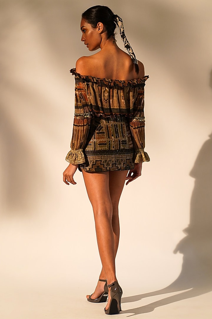 Green Crinkled Chiffon Printed & Embellished Off-Shoulder Top by Nikita Mhaisalkar at Pernia's Pop Up Shop