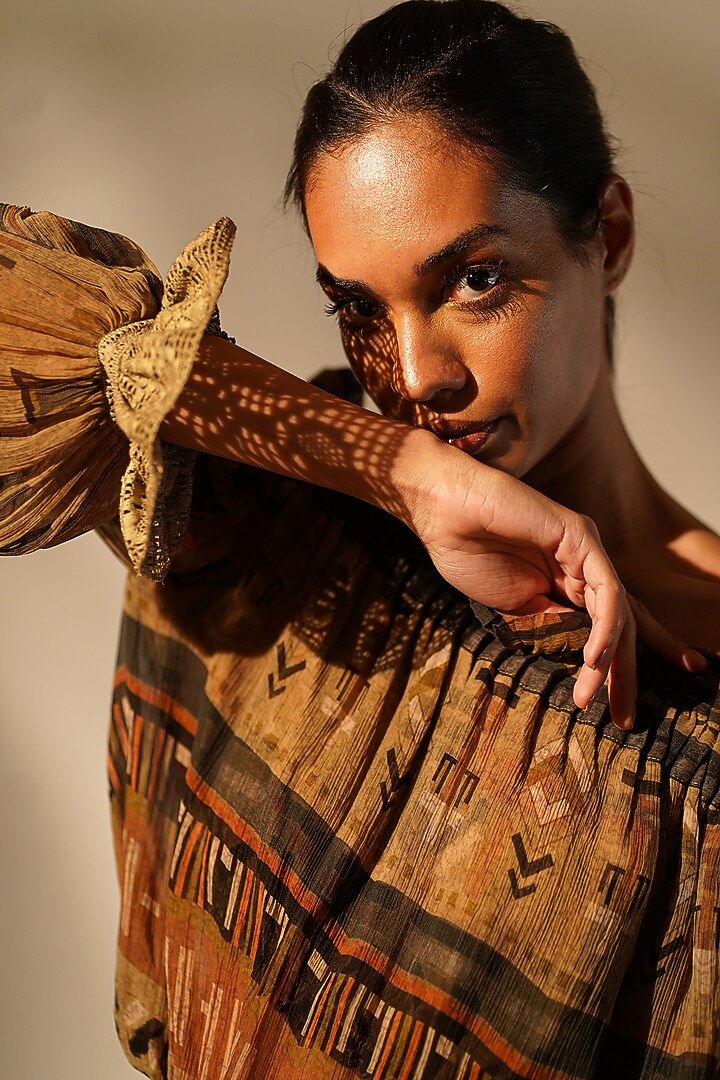 Green Crinkled Chiffon Printed & Embellished Off-Shoulder Top by Nikita Mhaisalkar at Pernia's Pop Up Shop