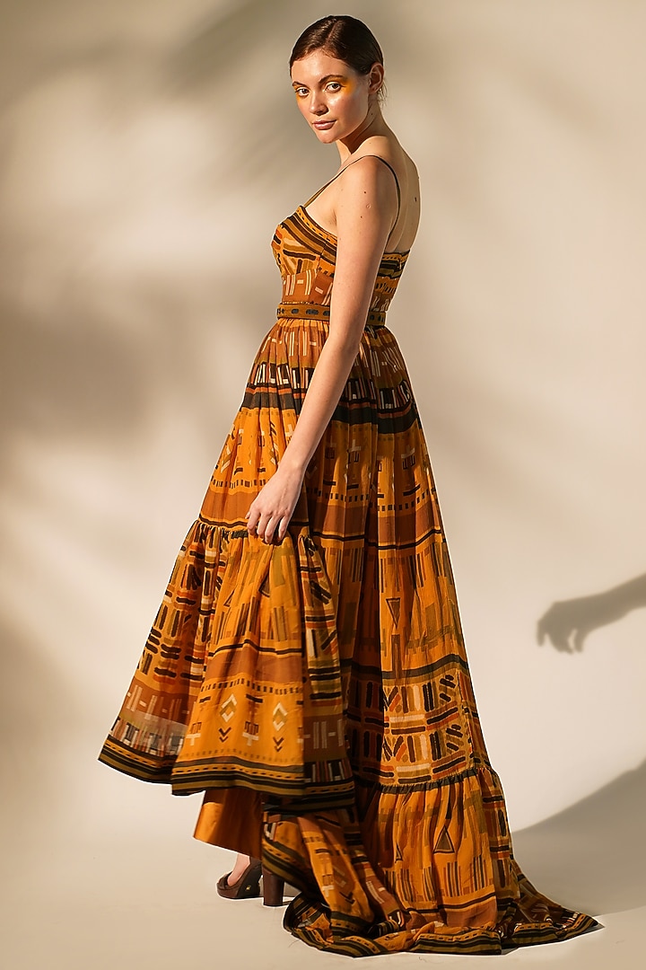 Mustard Pure Georgette Printed Maxi Party Wear Dress by Nikita Mhaisalkar at Pernia's Pop Up Shop