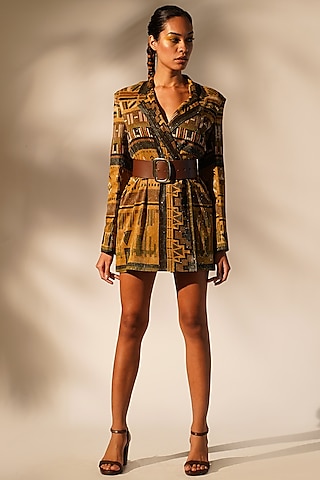 Mustard Sequins Pure Georgette Printed Blazer Dress by Nikita Mhaisalkar