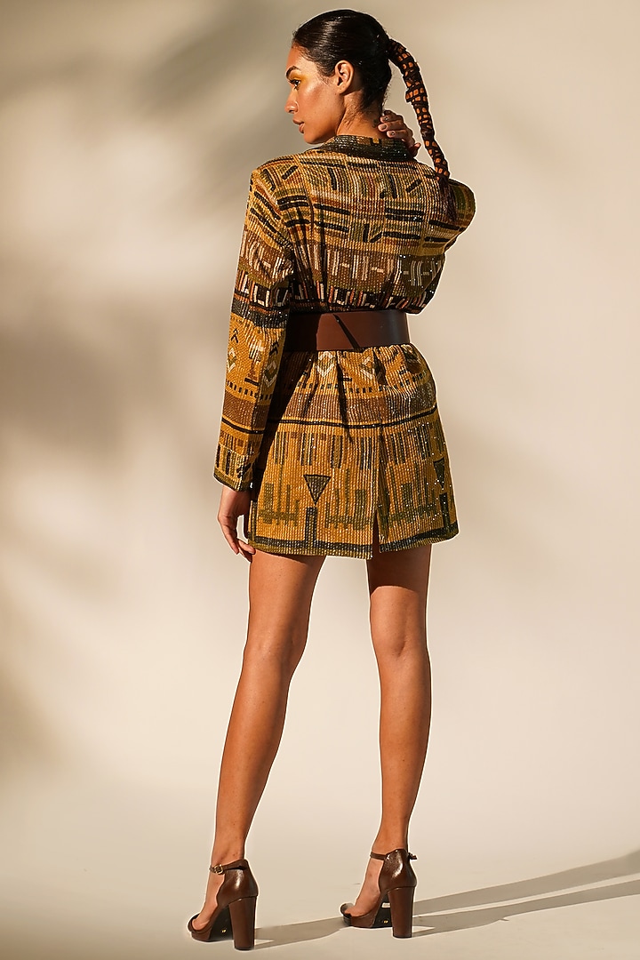 Mustard Sequins Pure Georgette Printed Blazer Cocktail Dress by Nikita Mhaisalkar at Pernia's Pop Up Shop