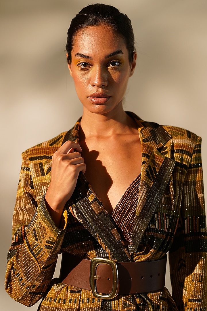 Mustard Sequins Pure Georgette Printed Blazer Cocktail Dress by Nikita Mhaisalkar at Pernia's Pop Up Shop