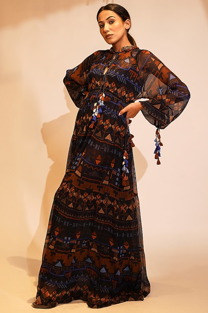 Blue Crinkled Chiffon Printed & Embellished Maxi Cocktail Dress by Nikita Mhaisalkar at Pernia's Pop Up Shop