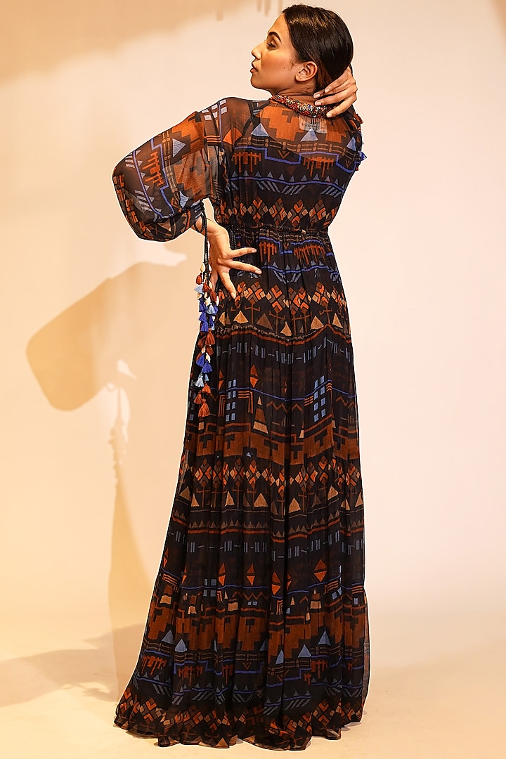 Blue Crinkled Chiffon Printed & Embellished Maxi Cocktail Dress by Nikita Mhaisalkar at Pernia's Pop Up Shop
