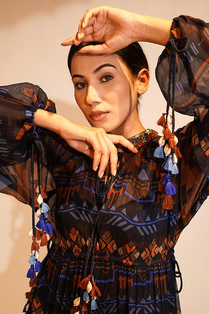 Blue Crinkled Chiffon Printed & Embellished Maxi Cocktail Dress by Nikita Mhaisalkar at Pernia's Pop Up Shop