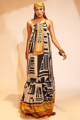 Black & White Pure Georgette Printed Maxi Dress by Nikita Mhaisalkar