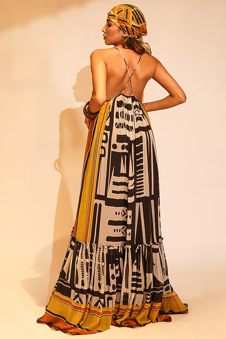 Black & White Pure Georgette Printed Maxi Cocktail Dress by Nikita Mhaisalkar at Pernia's Pop Up Shop