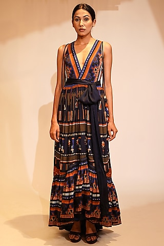 Midnight Blue Double Georgette Printed Maxi Dress by Nikita Mhaisalkar