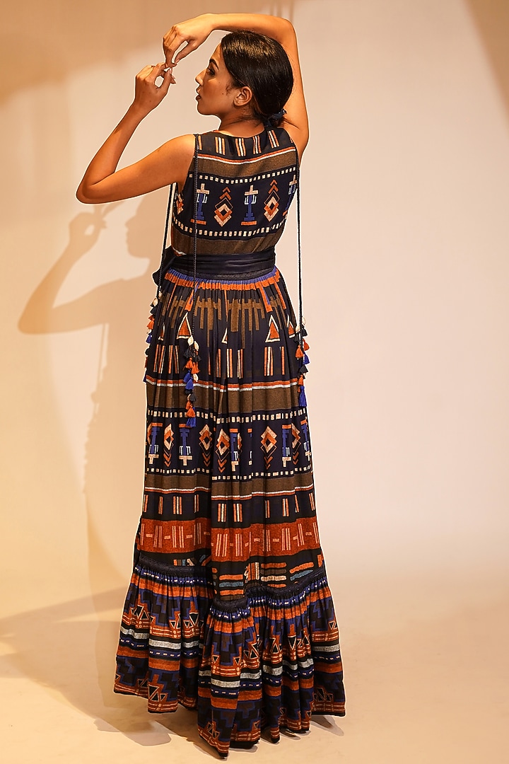 Midnight Blue Double Georgette Printed Maxi Cocktail Dress by Nikita Mhaisalkar at Pernia's Pop Up Shop