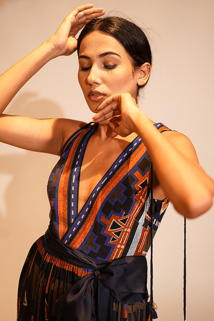 Midnight Blue Double Georgette Printed Maxi Cocktail Dress by Nikita Mhaisalkar at Pernia's Pop Up Shop