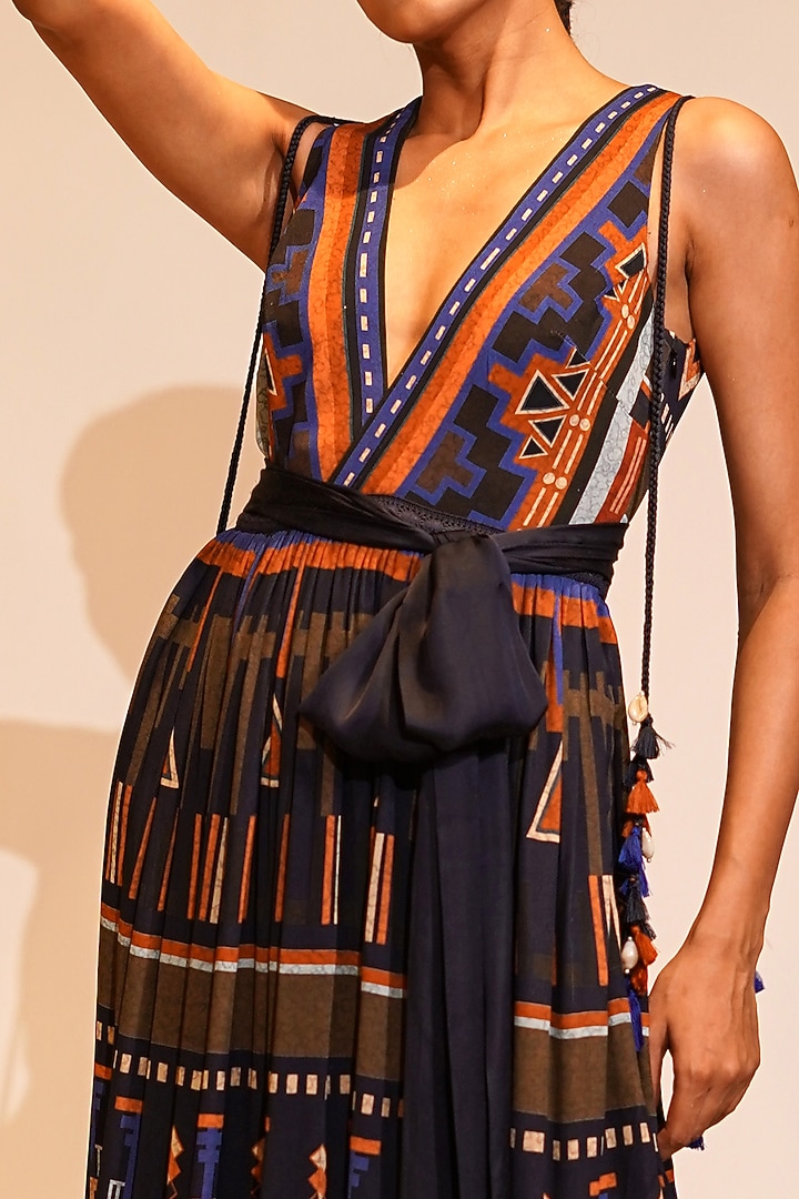 Midnight Blue Double Georgette Printed Maxi Cocktail Dress by Nikita Mhaisalkar at Pernia's Pop Up Shop