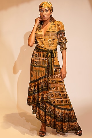 Mustard Sequins Pure Georgette Printed Maxi Dress by Nikita Mhaisalkar