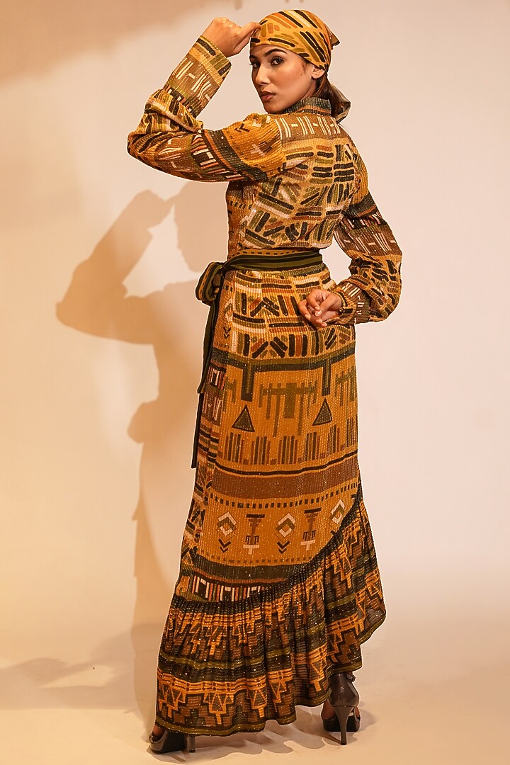 Mustard Sequins Pure Georgette Printed Maxi Cocktail Dress by Nikita Mhaisalkar at Pernia's Pop Up Shop