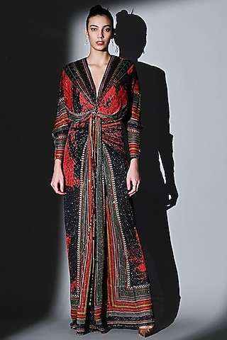 Red Sequins Pure Georgette Draped Maxi Dress by Nikita Mhaisalkar