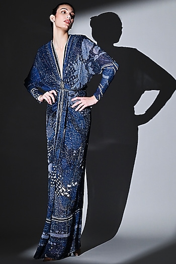 Midnight Blue Sequins Pure Georgette Draped Maxi Party Wear Dress by Nikita Mhaisalkar at Pernia's Pop Up Shop