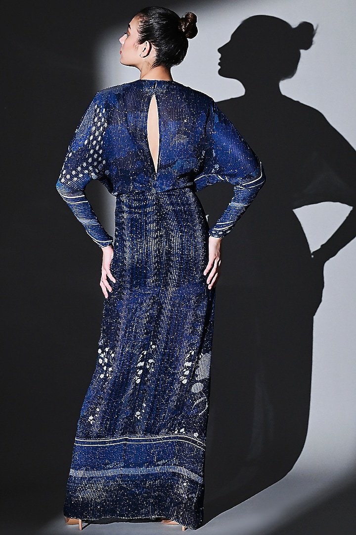 Midnight Blue Sequins Pure Georgette Draped Maxi Party Wear Dress by Nikita Mhaisalkar at Pernia's Pop Up Shop