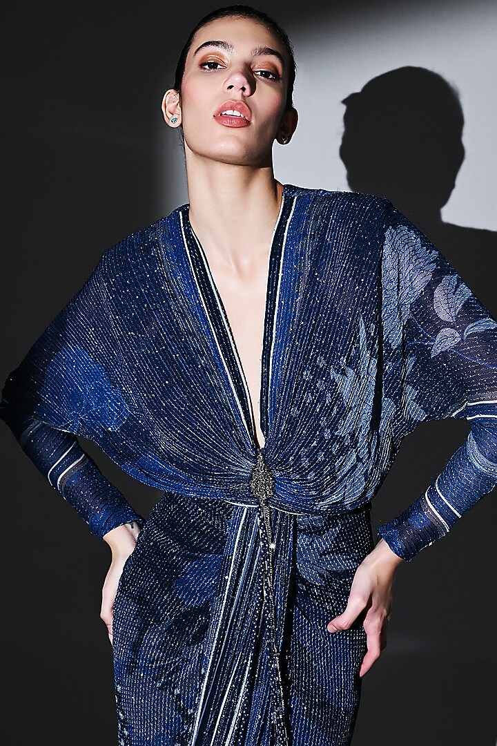 Midnight Blue Sequins Pure Georgette Draped Maxi Party Wear Dress by Nikita Mhaisalkar at Pernia's Pop Up Shop