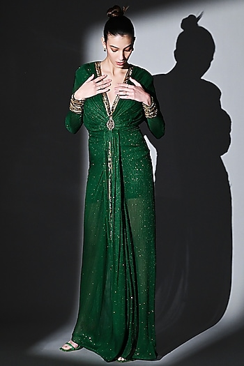 Emerald Green Sequins Pure Georgette Draped Maxi Party Wear Dress by Nikita Mhaisalkar at Pernia's Pop Up Shop
