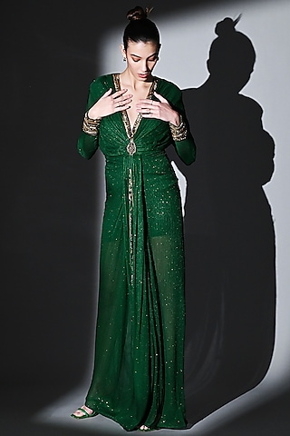 Pernia's Pop Up Shop - Nikita Mhaisalkar Women Emerald Green Sequins Pure Georgette Draped Maxi Dress