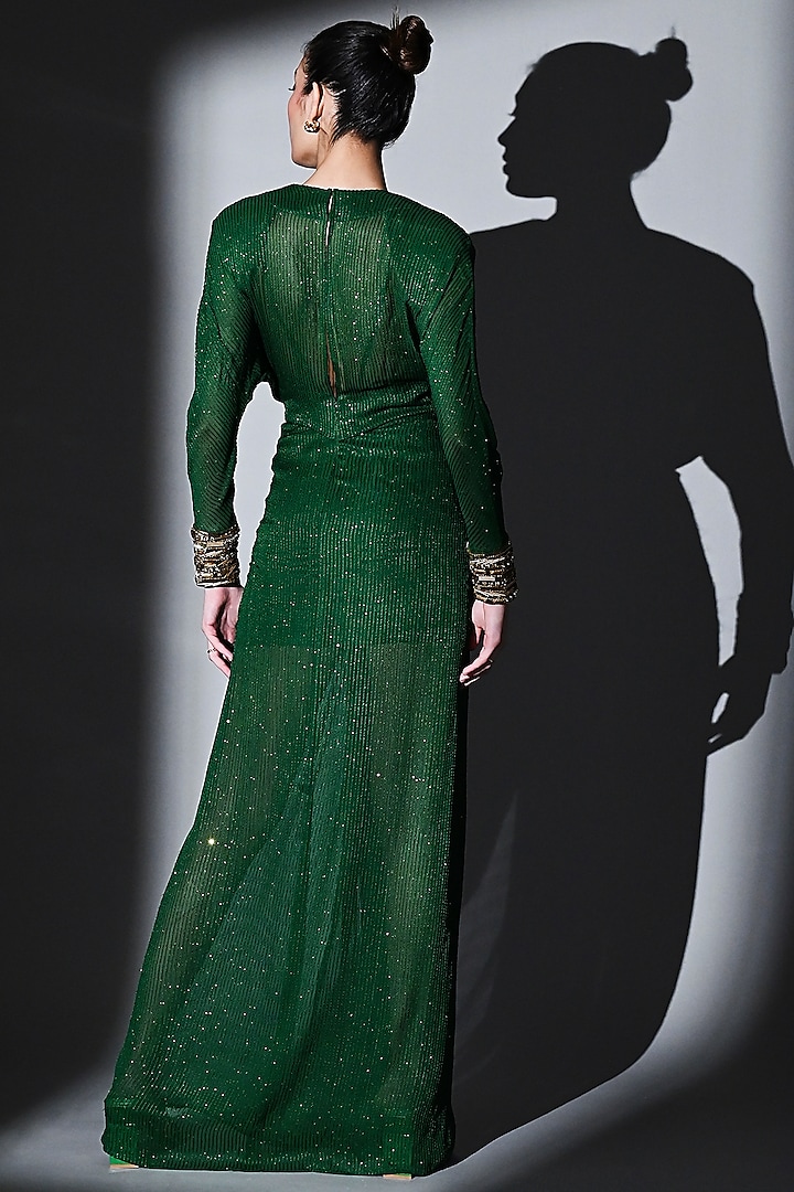 Emerald Green Sequins Pure Georgette Draped Maxi Party Wear Dress by Nikita Mhaisalkar at Pernia's Pop Up Shop