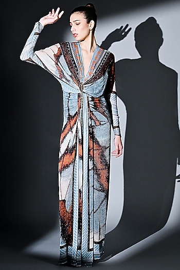 Powder Blue Sequins Pure Georgette Draped Maxi Party Wear Dress by Nikita Mhaisalkar at Pernia's Pop Up Shop