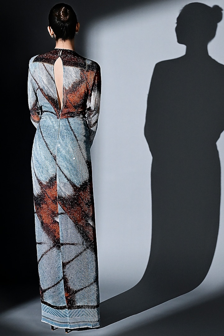 Powder Blue Sequins Pure Georgette Draped Maxi Party Wear Dress by Nikita Mhaisalkar at Pernia's Pop Up Shop