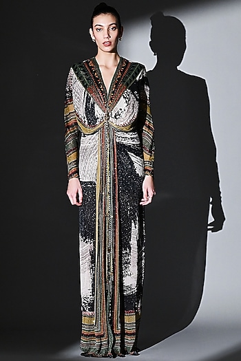 Black & White Sequins Pure Georgette Draped Maxi Party Wear Dress by Nikita Mhaisalkar at Pernia's Pop Up Shop
